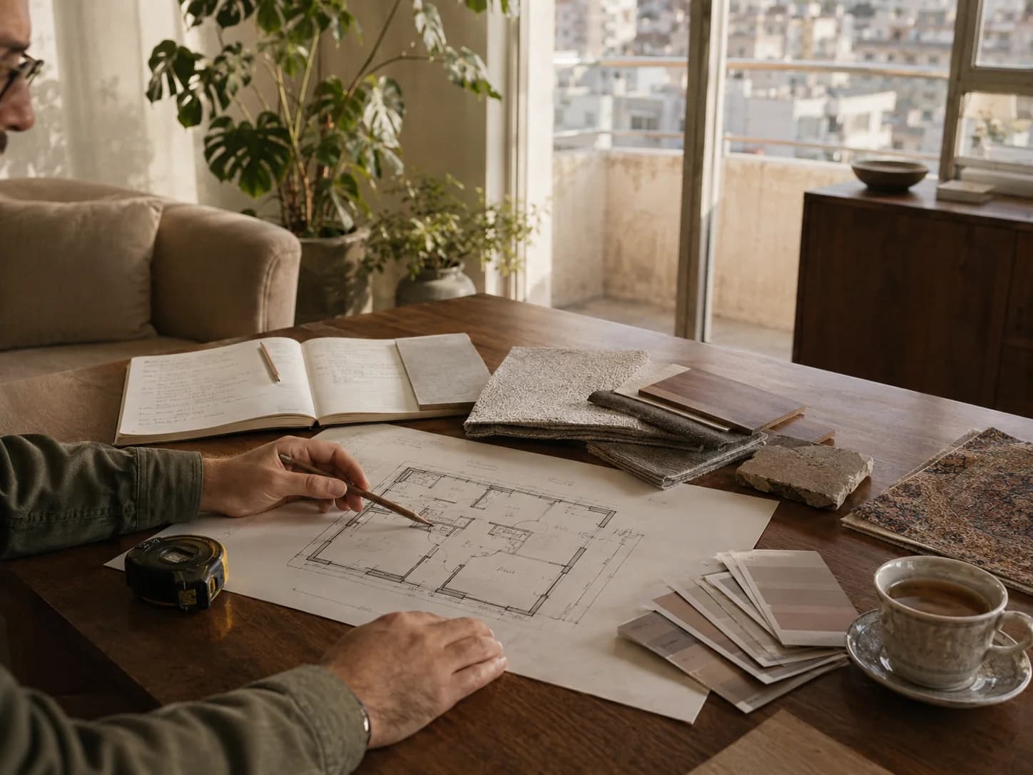 میز برنامهریزی بازسازی با پلان، متر و نمونه مصالح